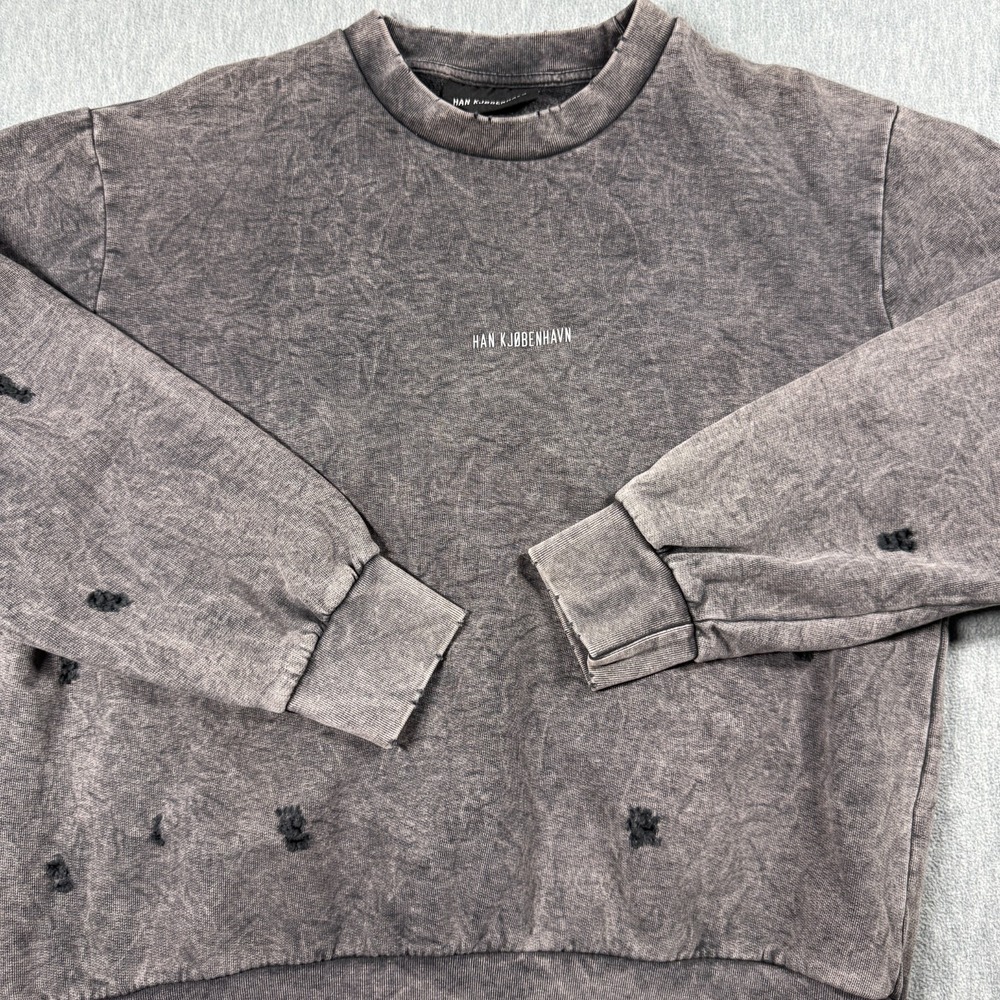 Han Kjobenhavn Sweatshirt Womens L Gray Distressed Acid Wash Graphic Crewneck